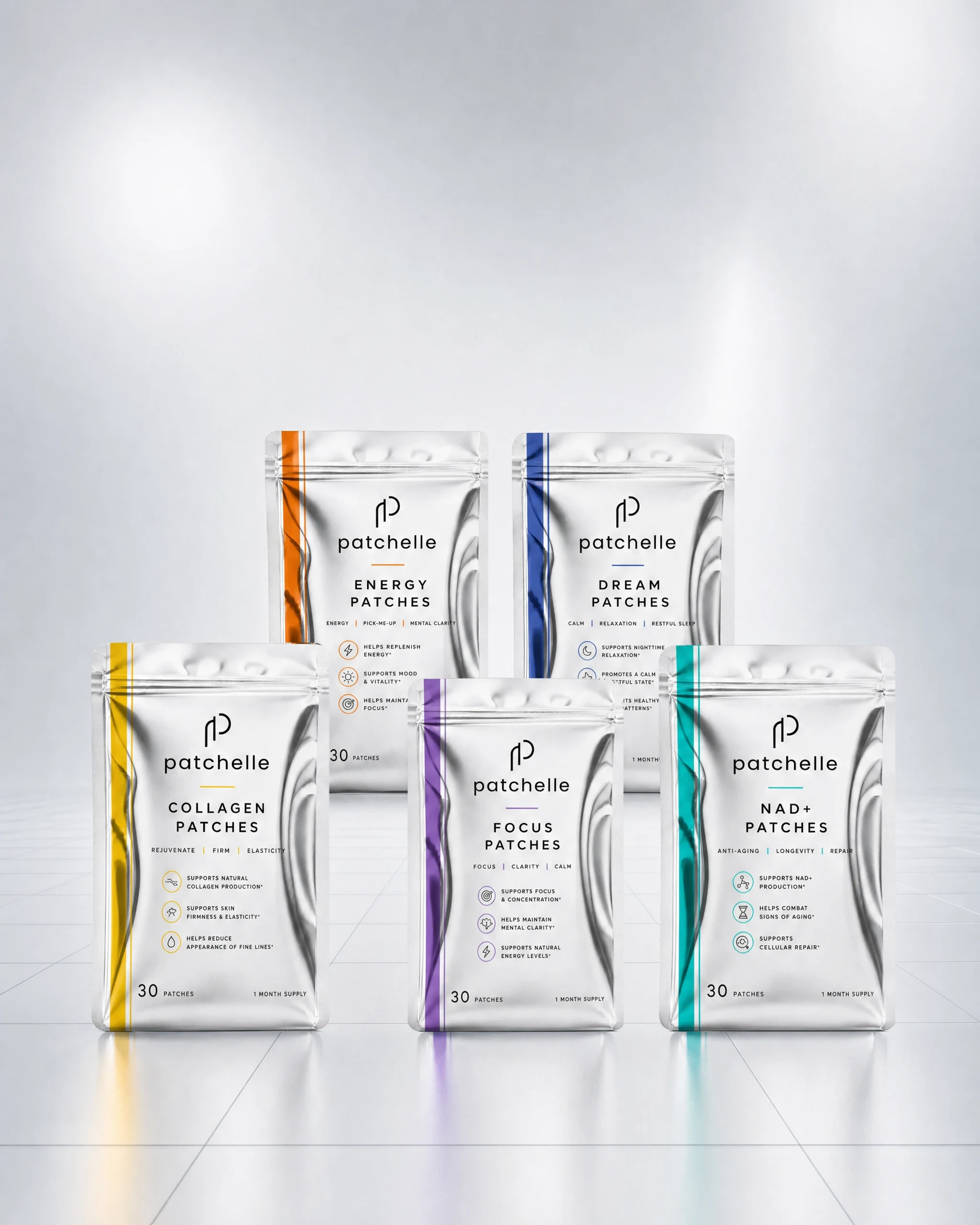 The five Patchelle pouches together: Collagen, Energy, Focus, Dream and NAD+, in a silver studio
