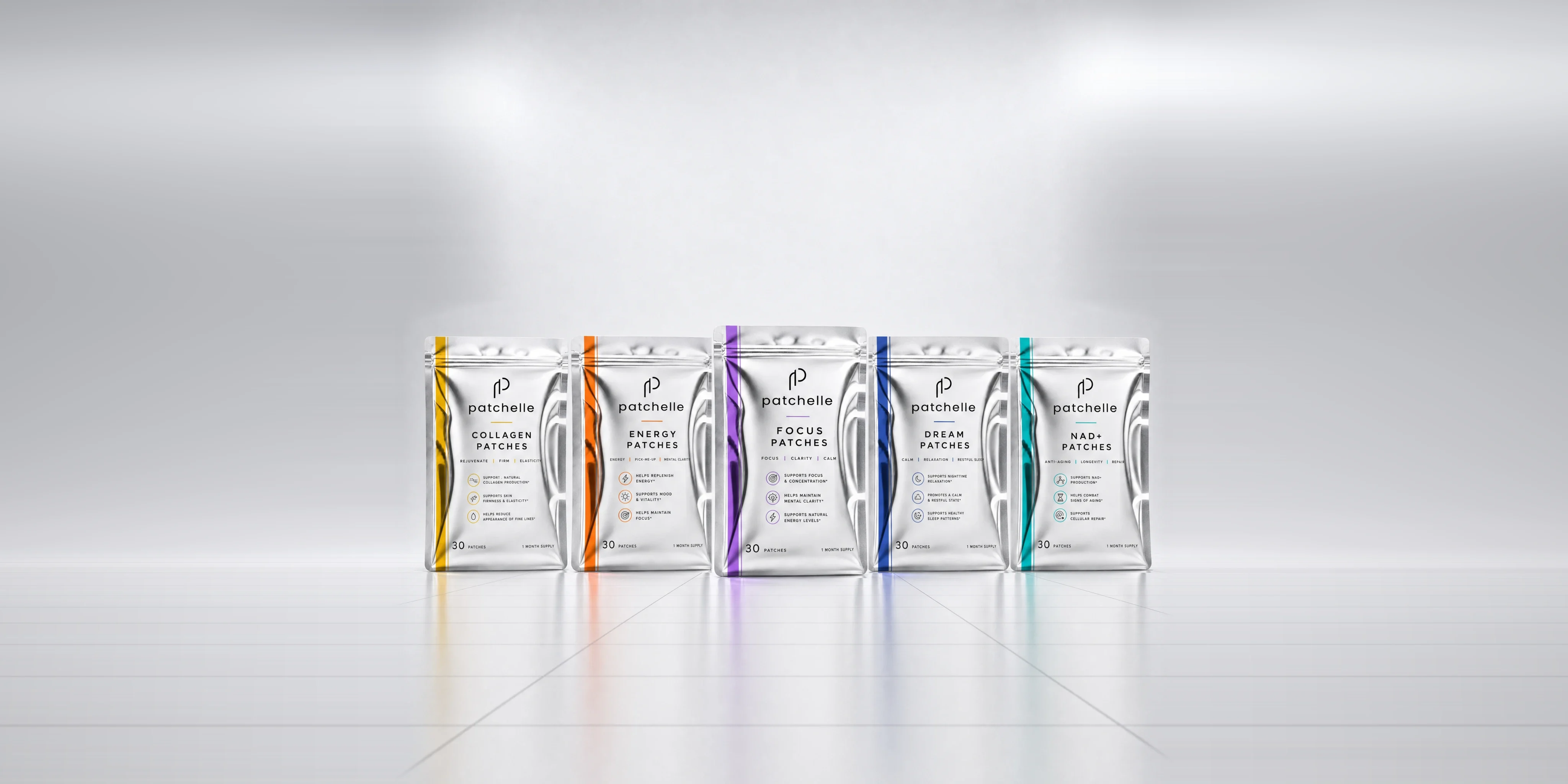 The five Patchelle pouches together: Collagen, Energy, Focus, Dream and NAD+, in a silver studio