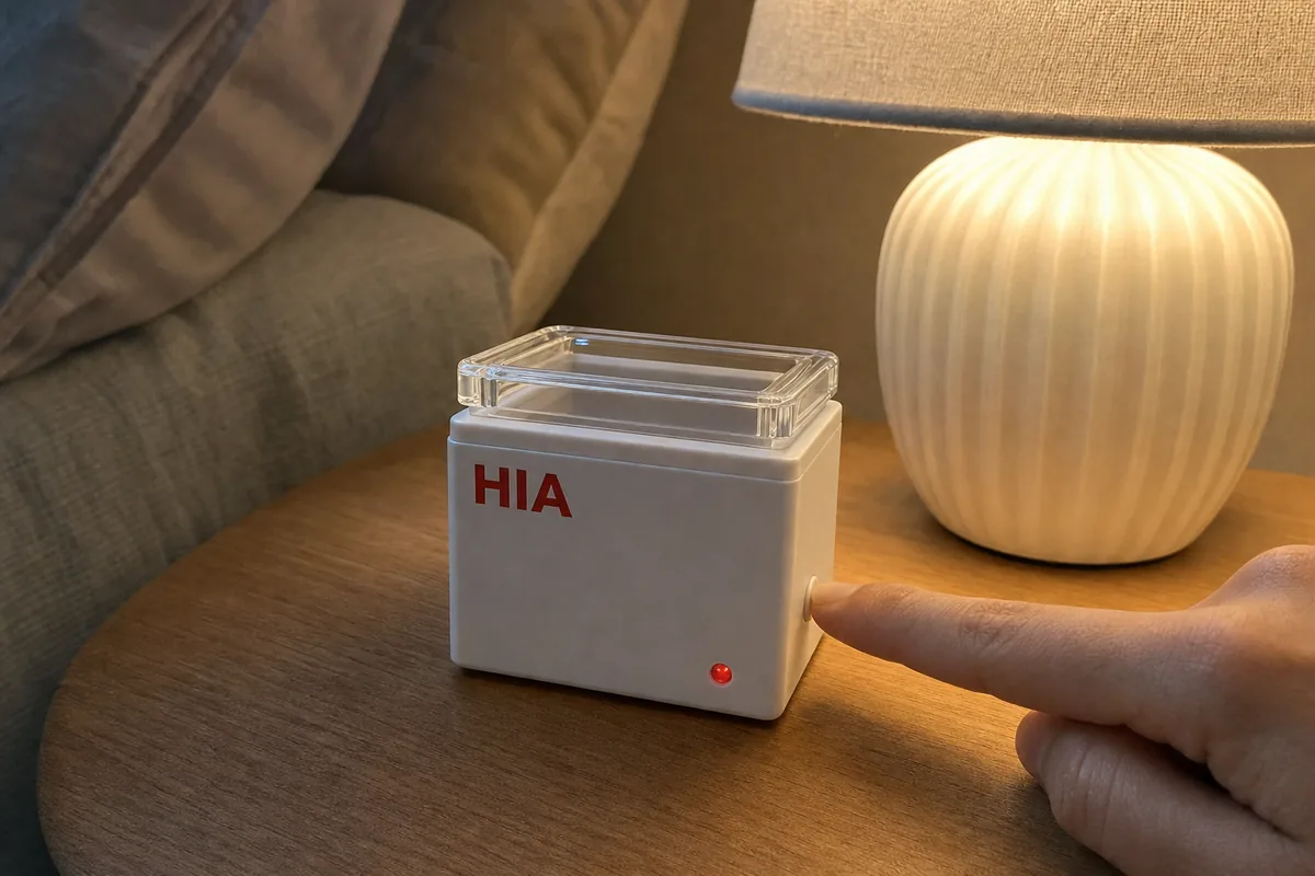 A finger pressing the HIA side button