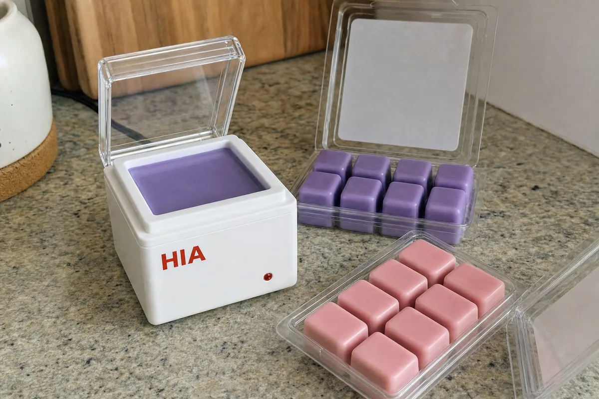 HIA warmer open with melted wax beside wax melt packs