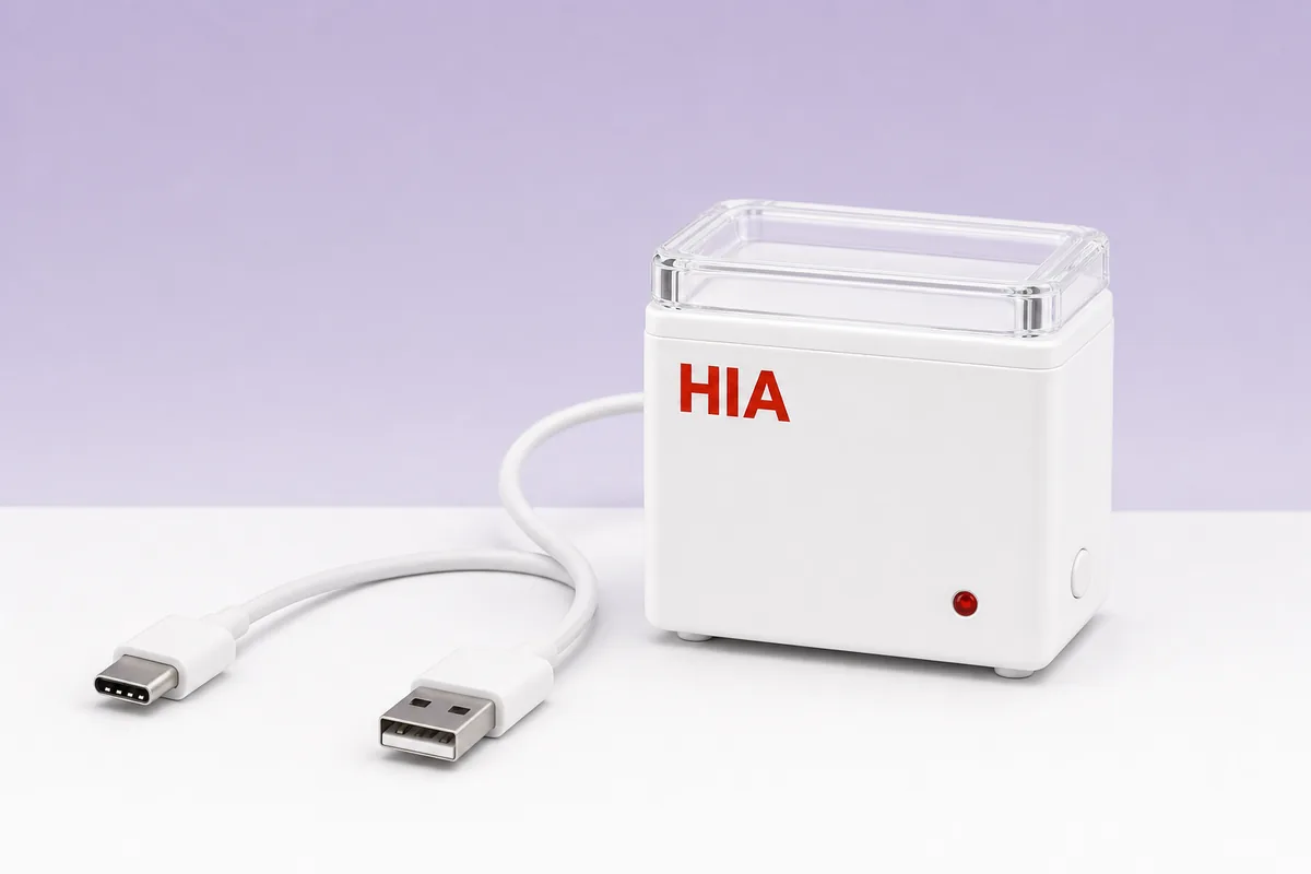 HIA warmer with its USB-A to USB-C cable
