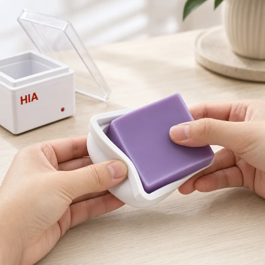 Hands flexing the silicone dish to pop out cooled wax