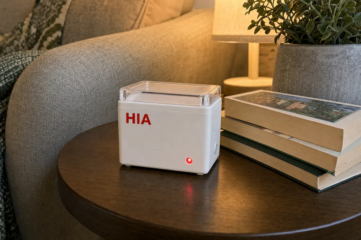 HIA warmer on a side table next to books