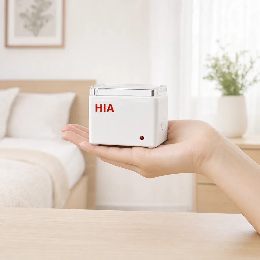 A hand holding the small HIA warmer