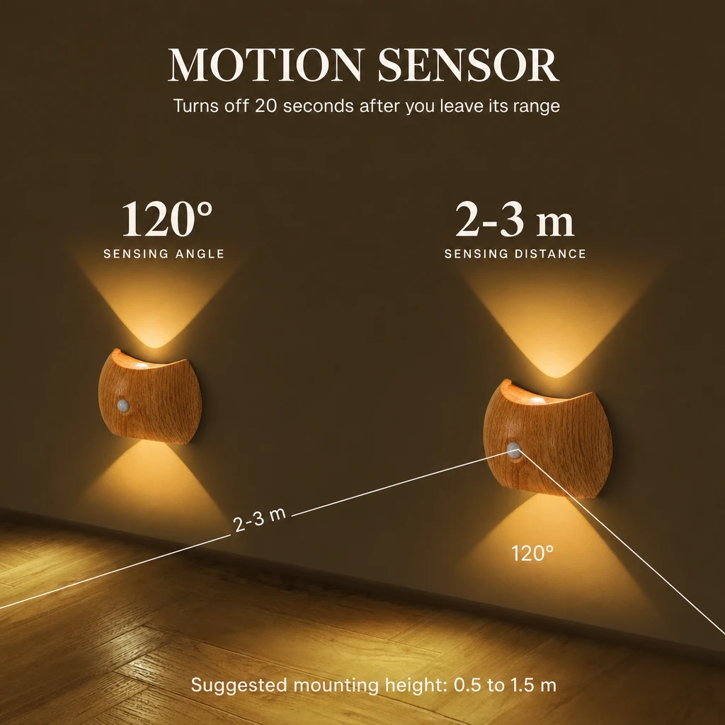 Motion Sense Wall Light: 120 degree sensing angle, 2 to 3 m sensing distance, turns off after 20 seconds