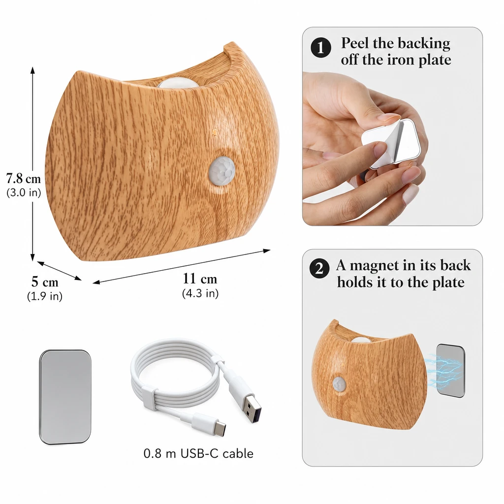 Motion Sense Wall Light: 11 by 7.8 by 5 cm, iron plate, magnet and 0.8 m USB-C cable