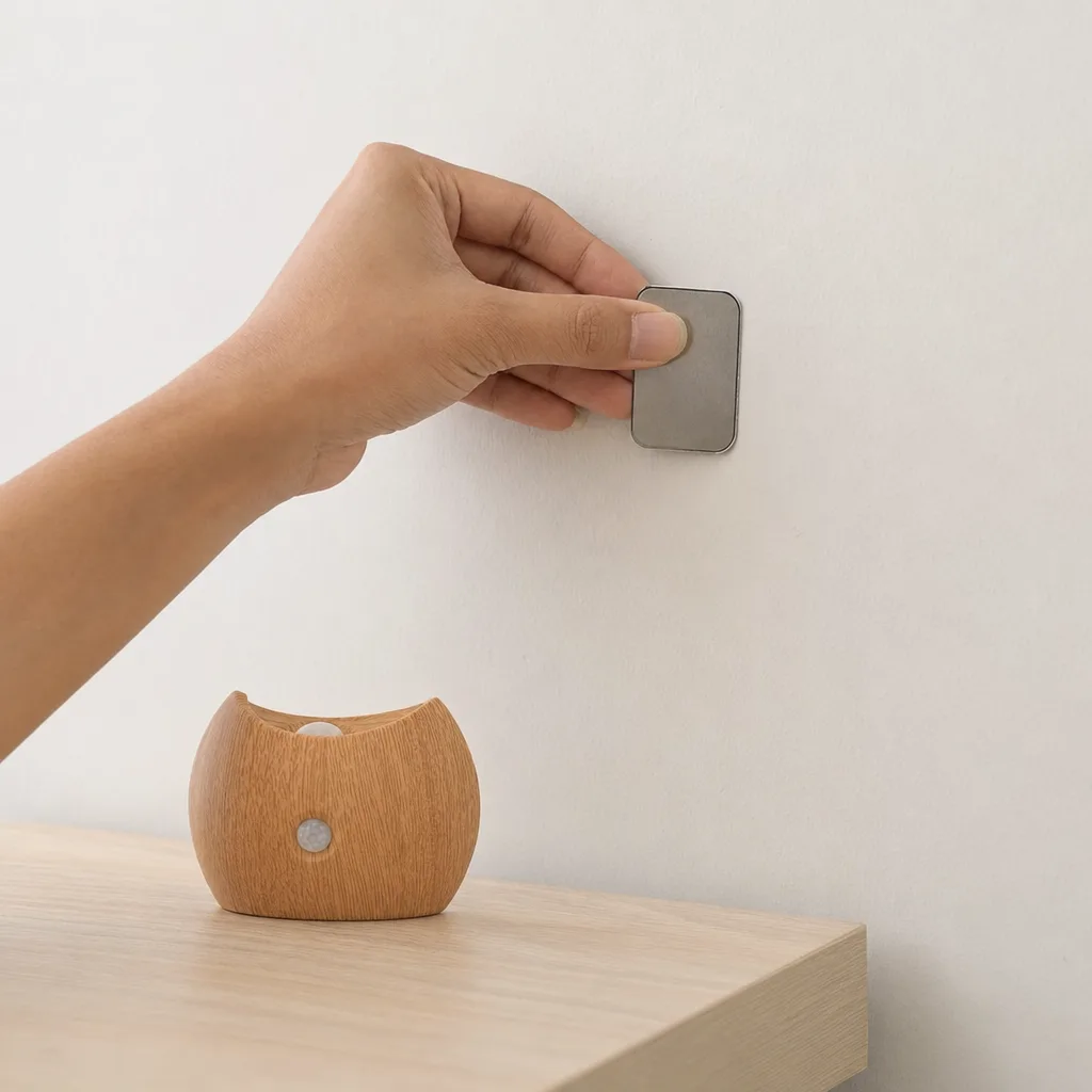 A hand pressing the iron plate to a wall
