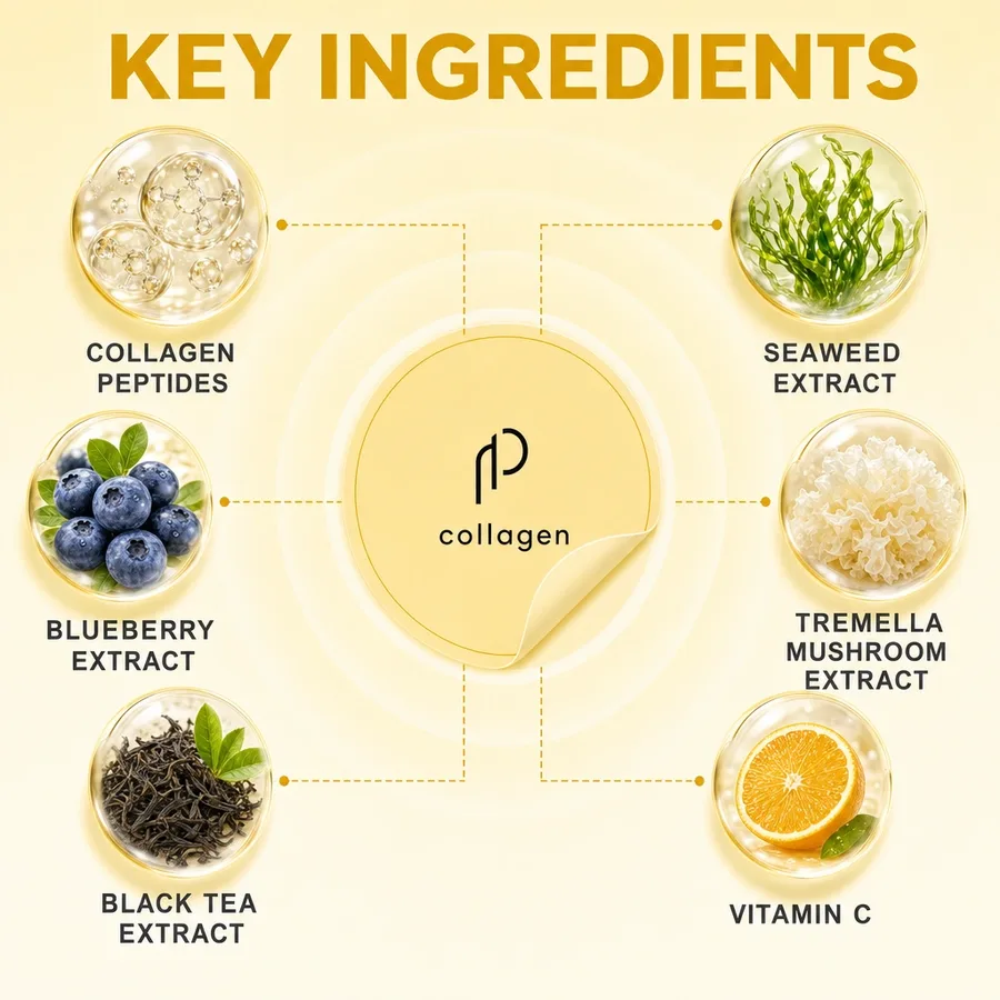Key ingredients of the Collagen patch: Collagen peptides, Seaweed extract, Blueberry extract, Tremella mushroom extract, Black tea extract, Vitamin C