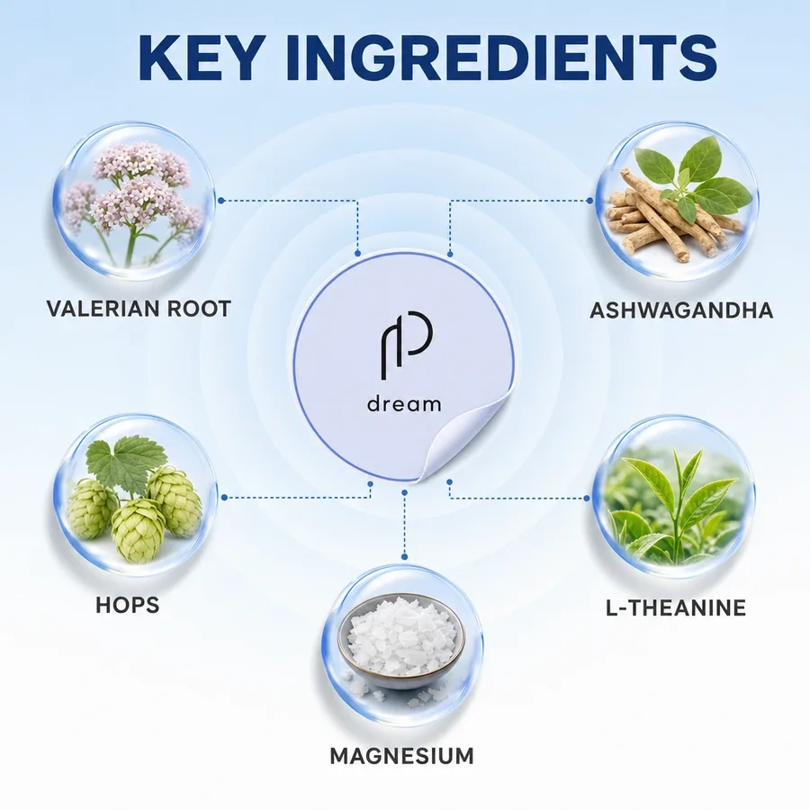 Key ingredients of the Dream patch: Valerian root, Ashwagandha, Hops, L-theanine, Magnesium