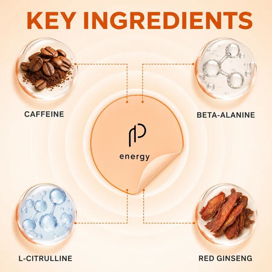 Key ingredients of the Energy patch: Caffeine, Beta-alanine, L-citrulline, Red ginseng