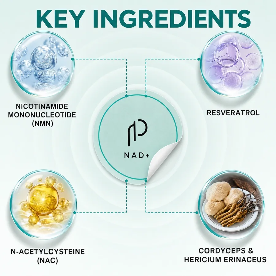 Key ingredients of the NAD+ patch: Nicotinamide mononucleotide (NMN), Resveratrol, N-acetylcysteine (NAC), Cordyceps and Hericium erinaceus