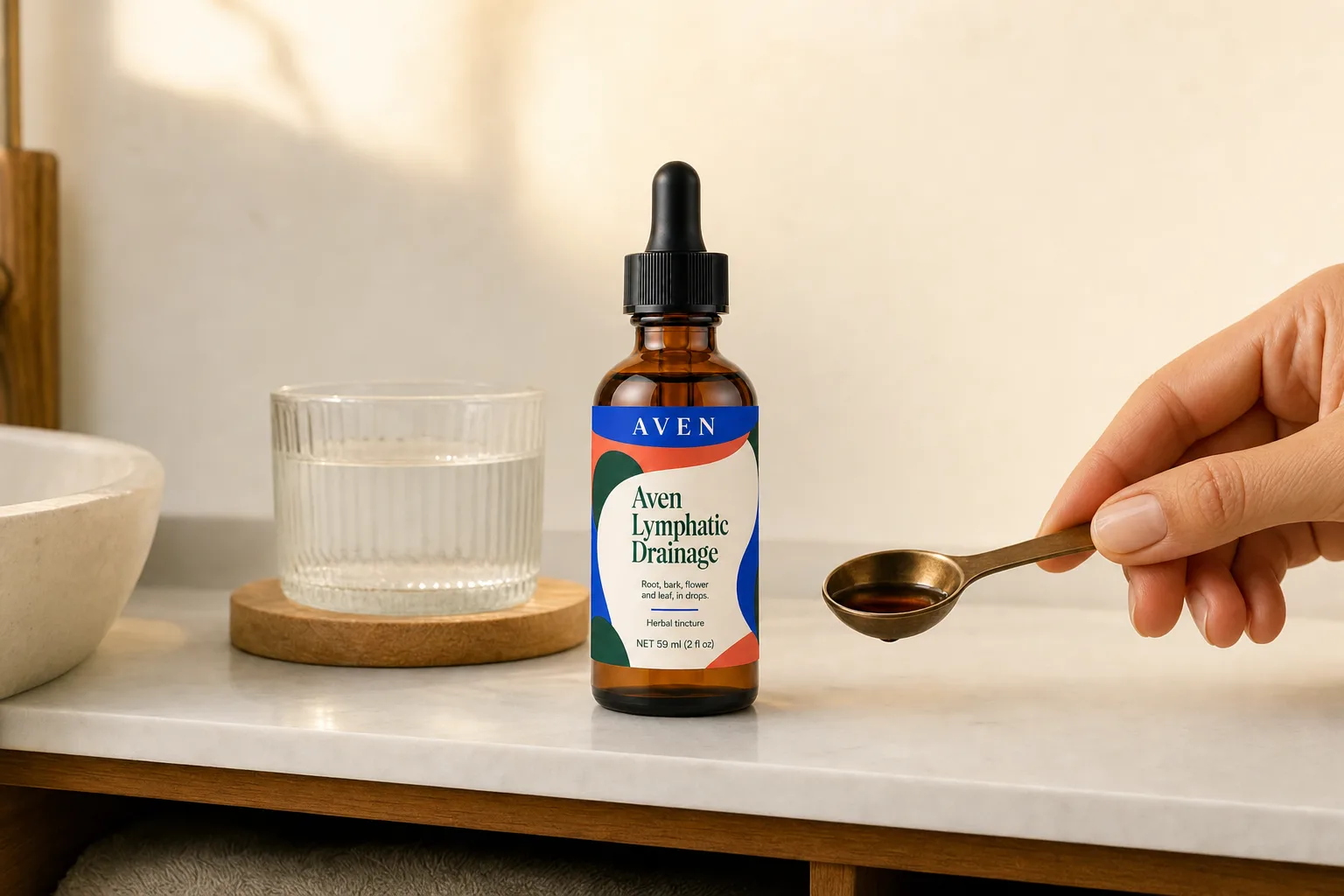 Aven Lymphatic Drainage bottle beside a morning glass of water