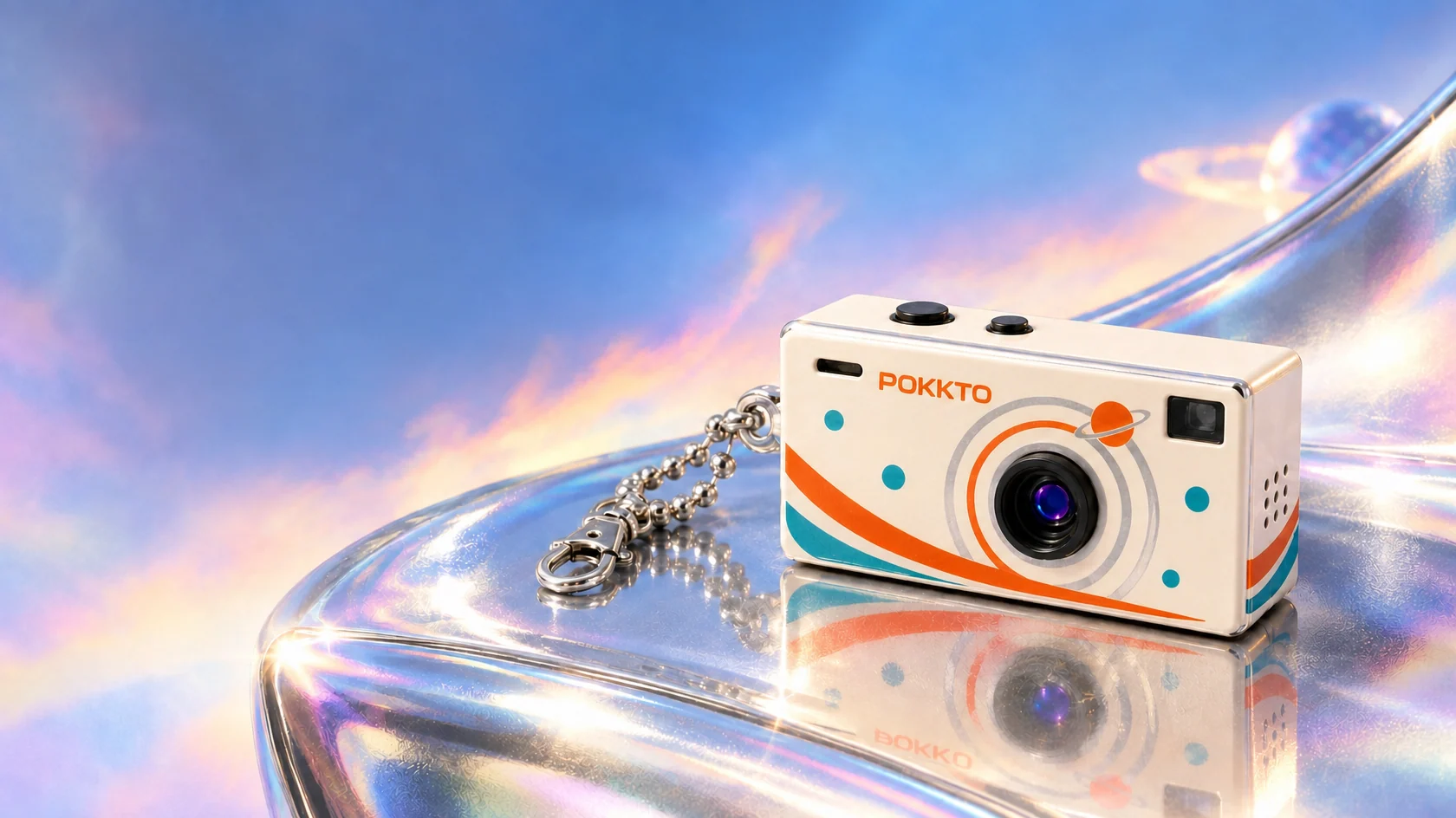 A cream Orbit Pokkto keychain camera on an iridescent chrome surface beneath a pastel cosmic sky