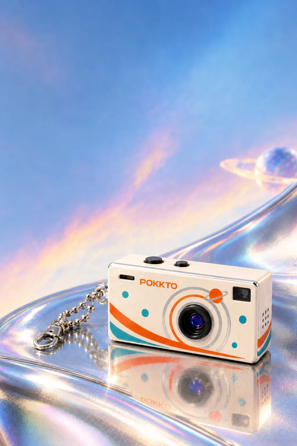 A cream Orbit Pokkto keychain camera on an iridescent chrome surface beneath a pastel cosmic sky