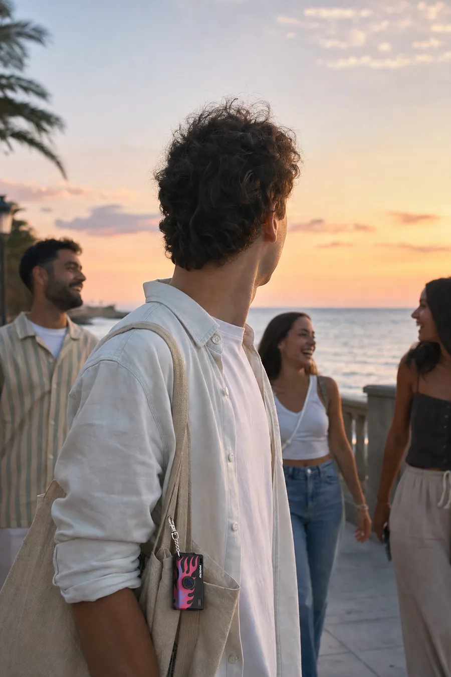 A boardwalk at sunset, a Flame Pokkto clipped to a tote bag