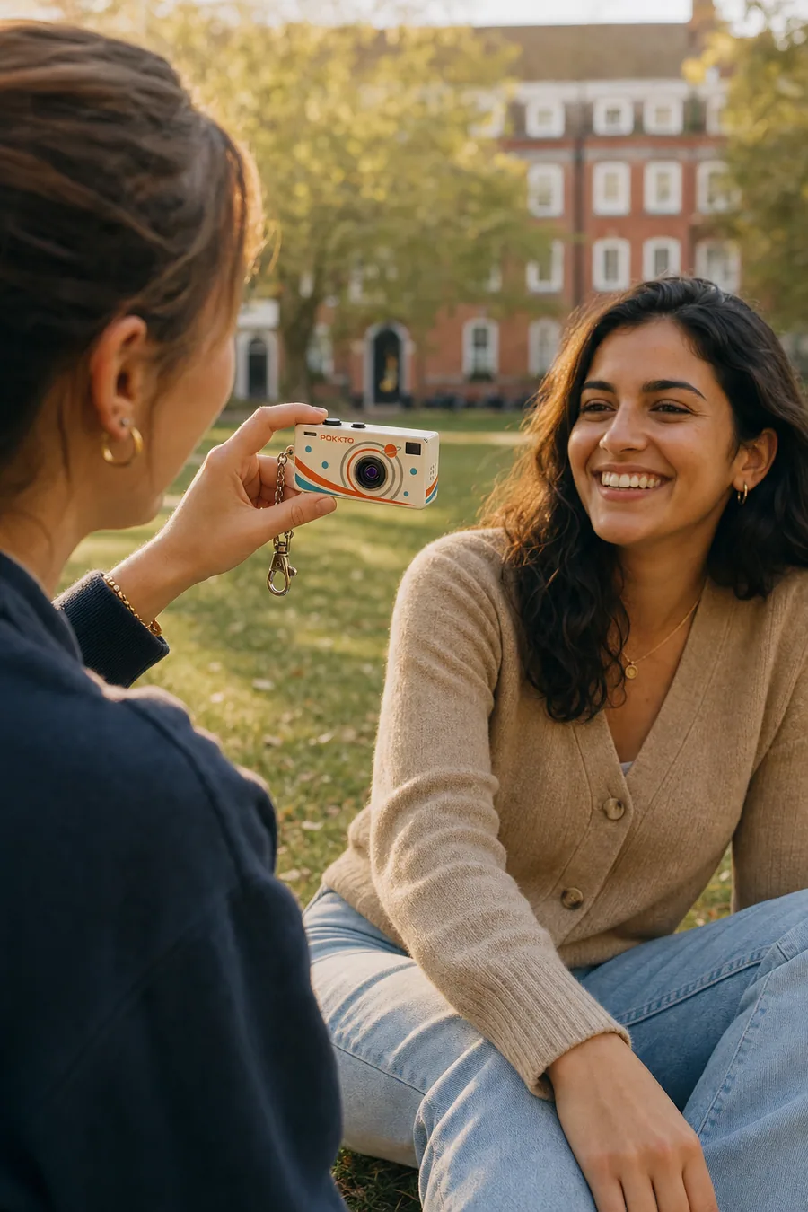 Two friends on a campus lawn, one taking a photo with an Orbit Pokkto