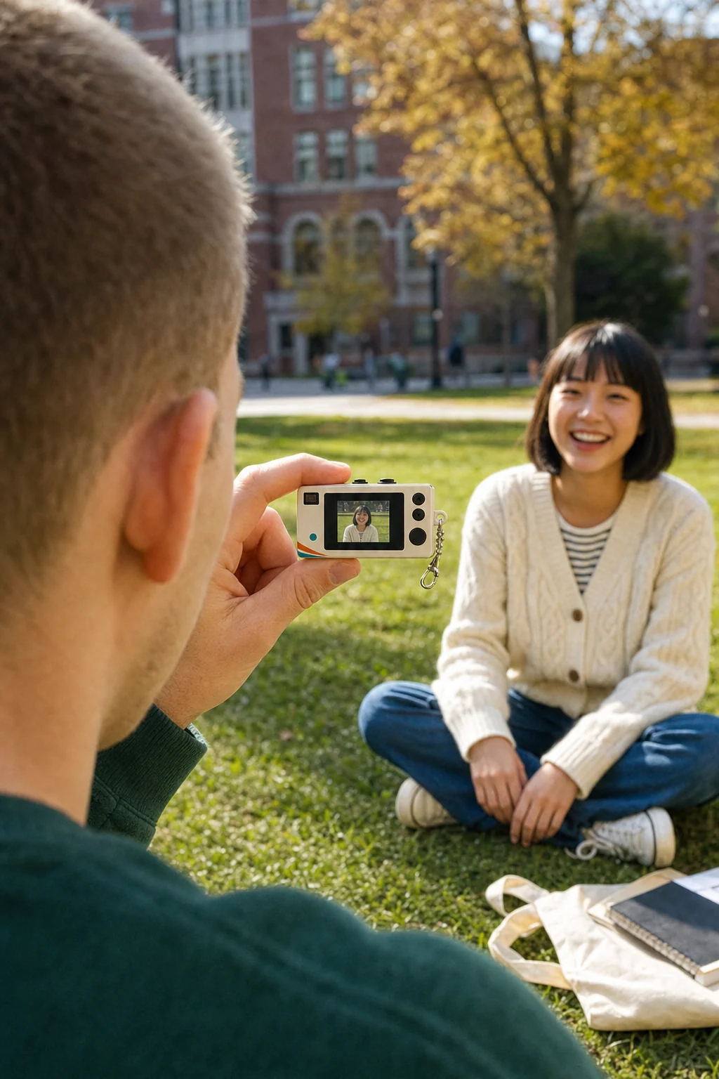 On a campus lawn, a student frames a friend on the screen on the back of an Orbit Pokkto