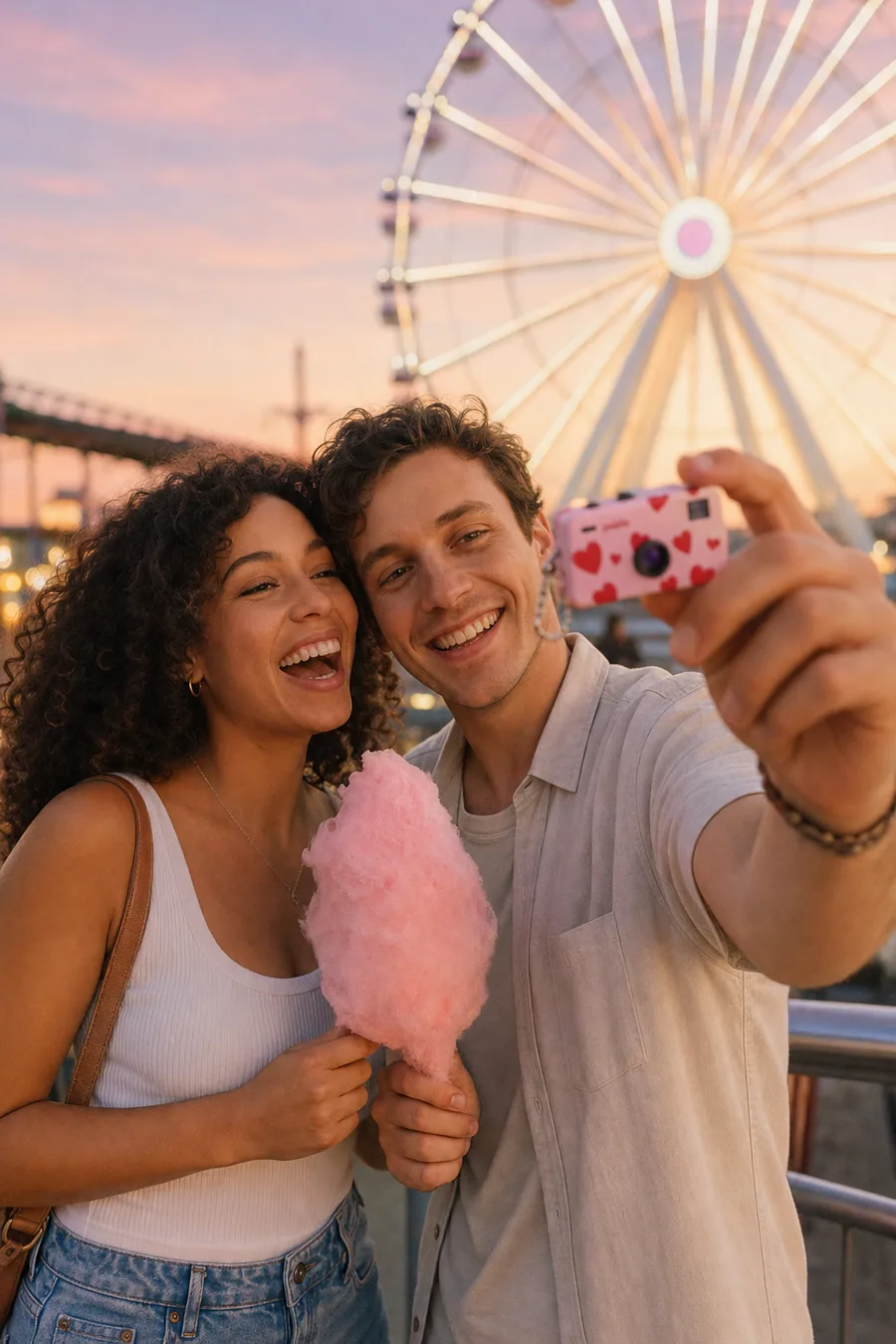 Two friends at a theme park taking a selfie with a Crush Pokkto
