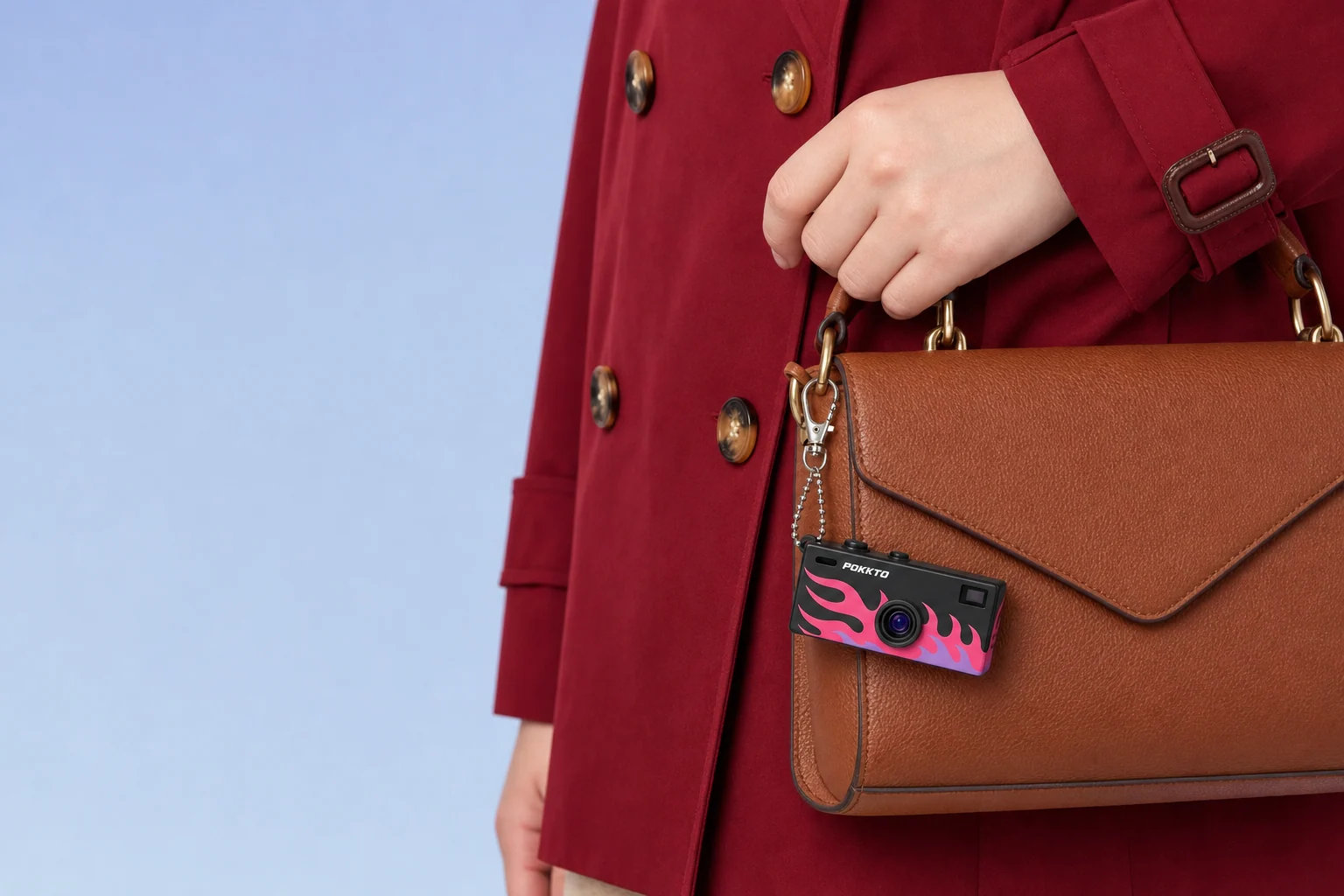 A Flame Pokkto clipped to the handle of a brown leather bag