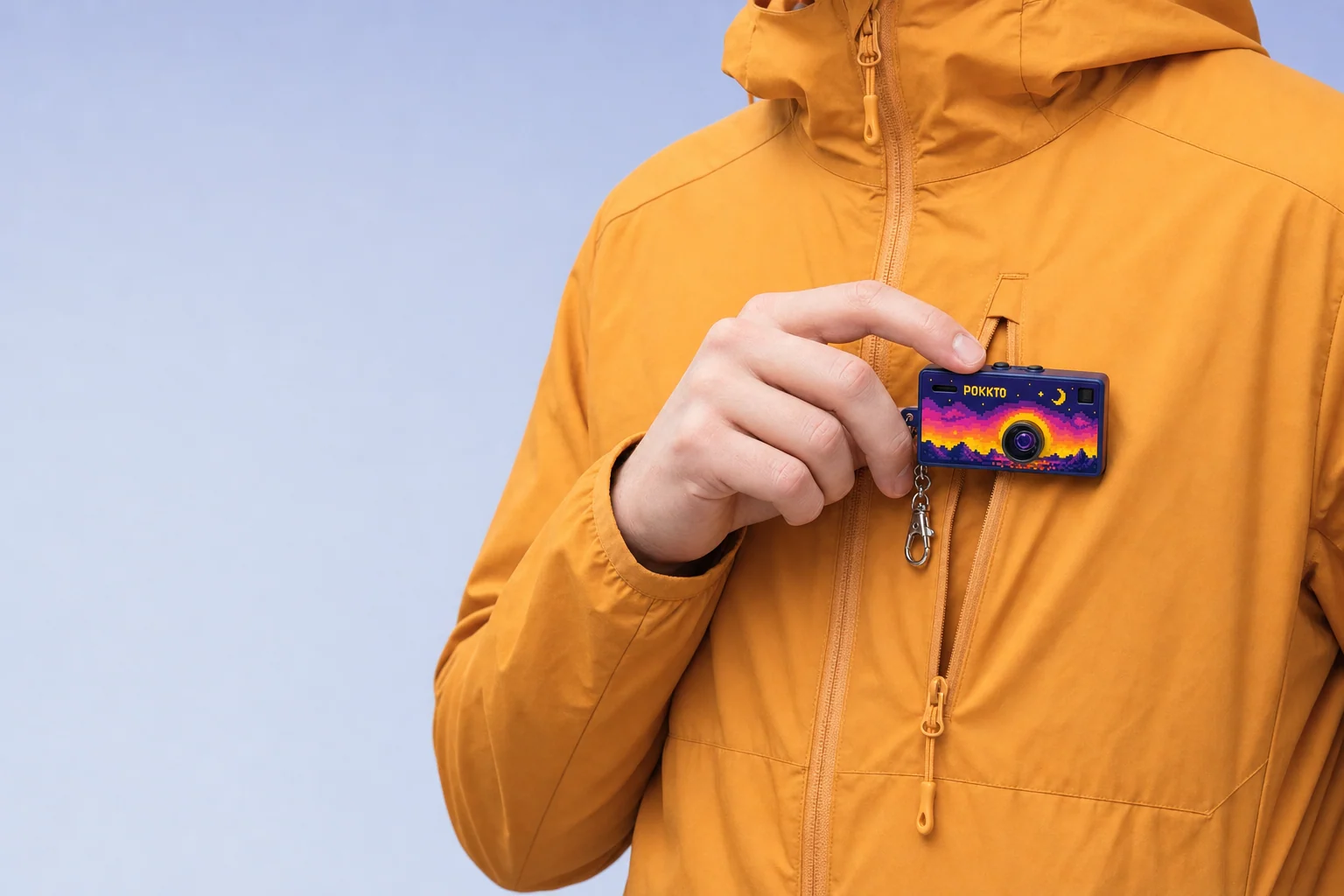 A Pixel Pokkto going into the chest pocket of an orange jacket