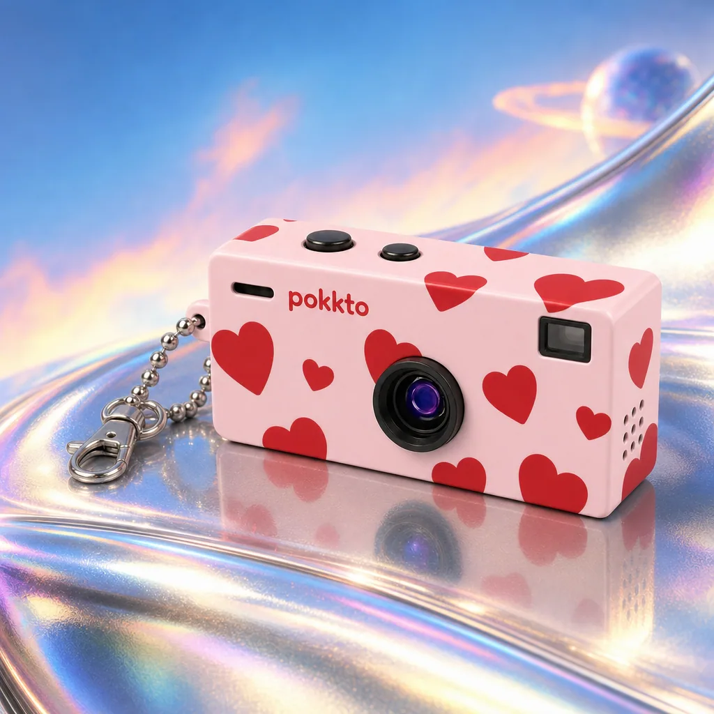 The Crush Pokkto on an iridescent chrome surface under a pastel sky
