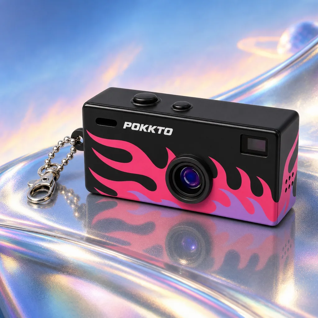The Flame Pokkto on an iridescent chrome surface under a pastel sky