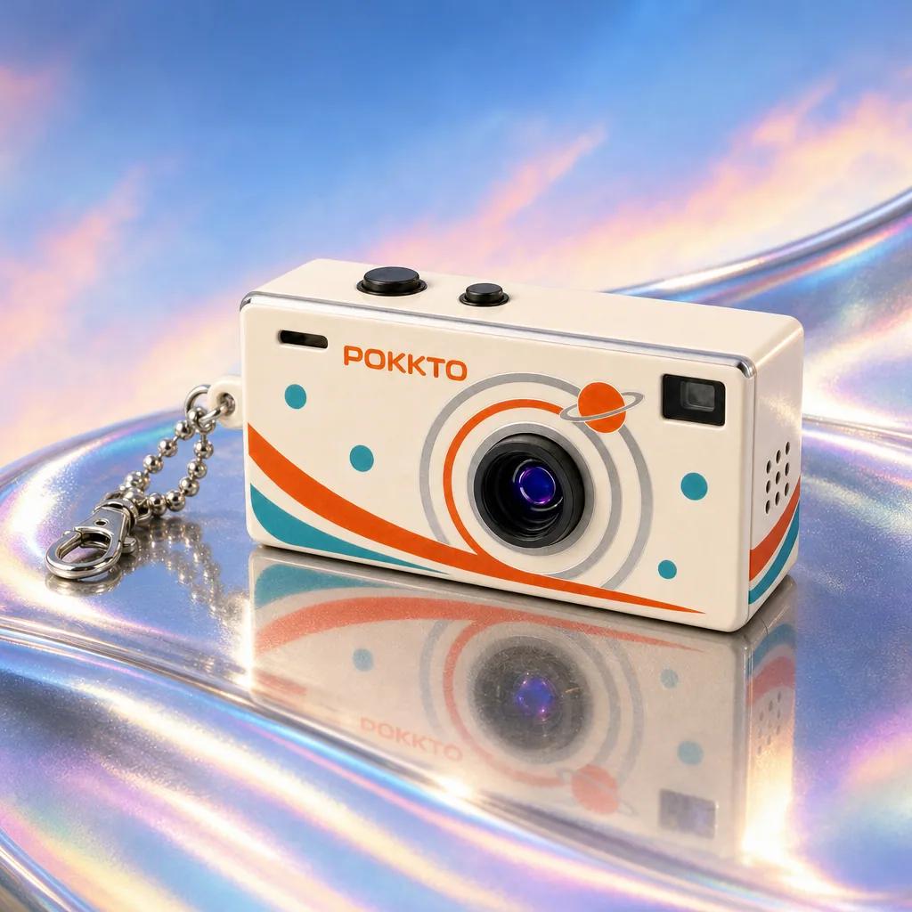 The Orbit Pokkto on an iridescent chrome surface under a pastel sky