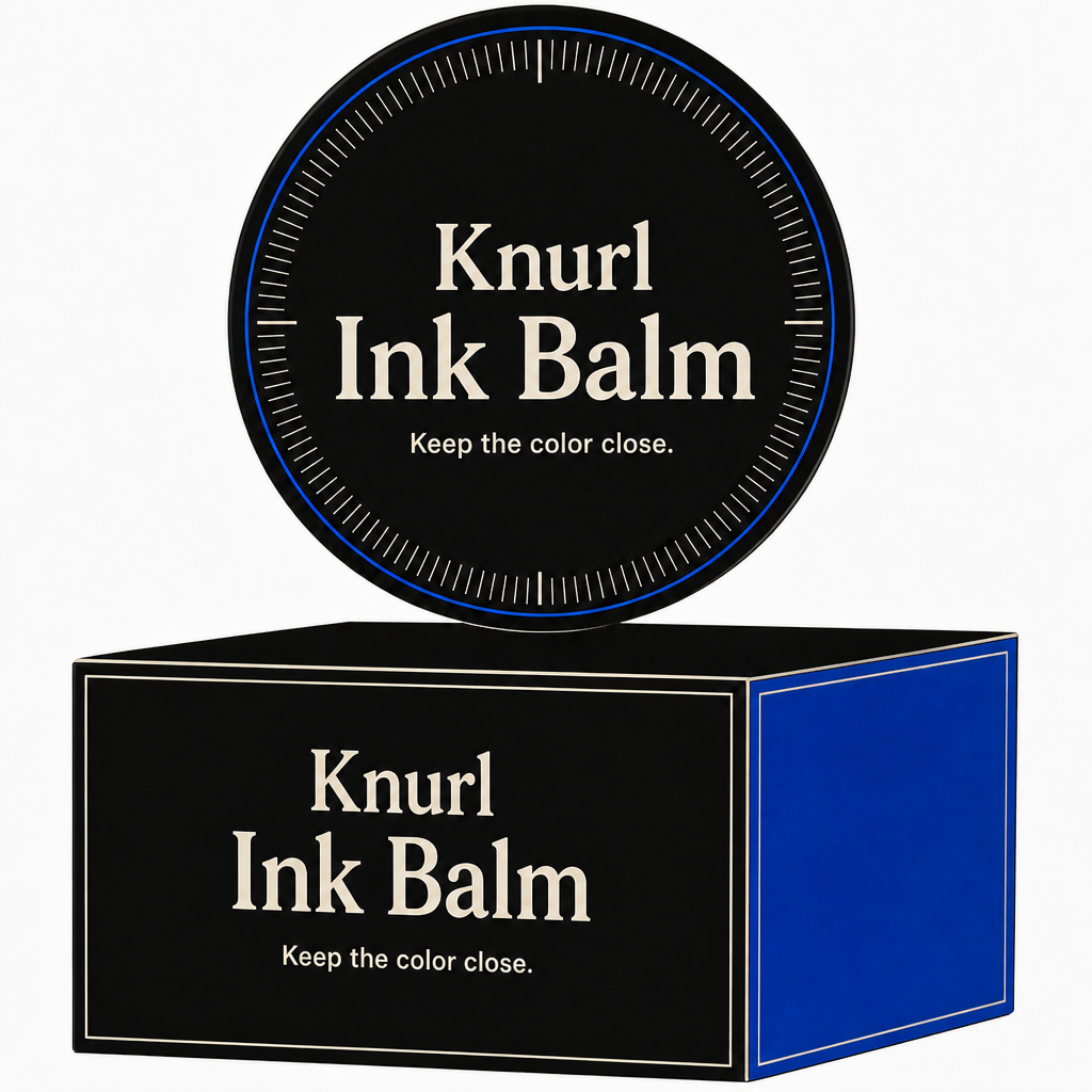 The Knurl Ink Balm jar photographed from a second angle