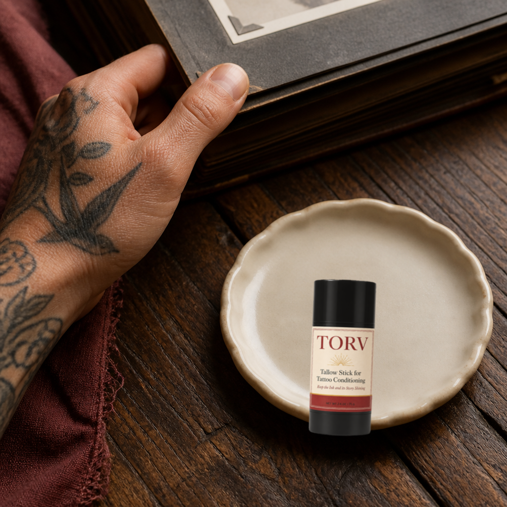 TORV tallow stick styled for healed tattoo care