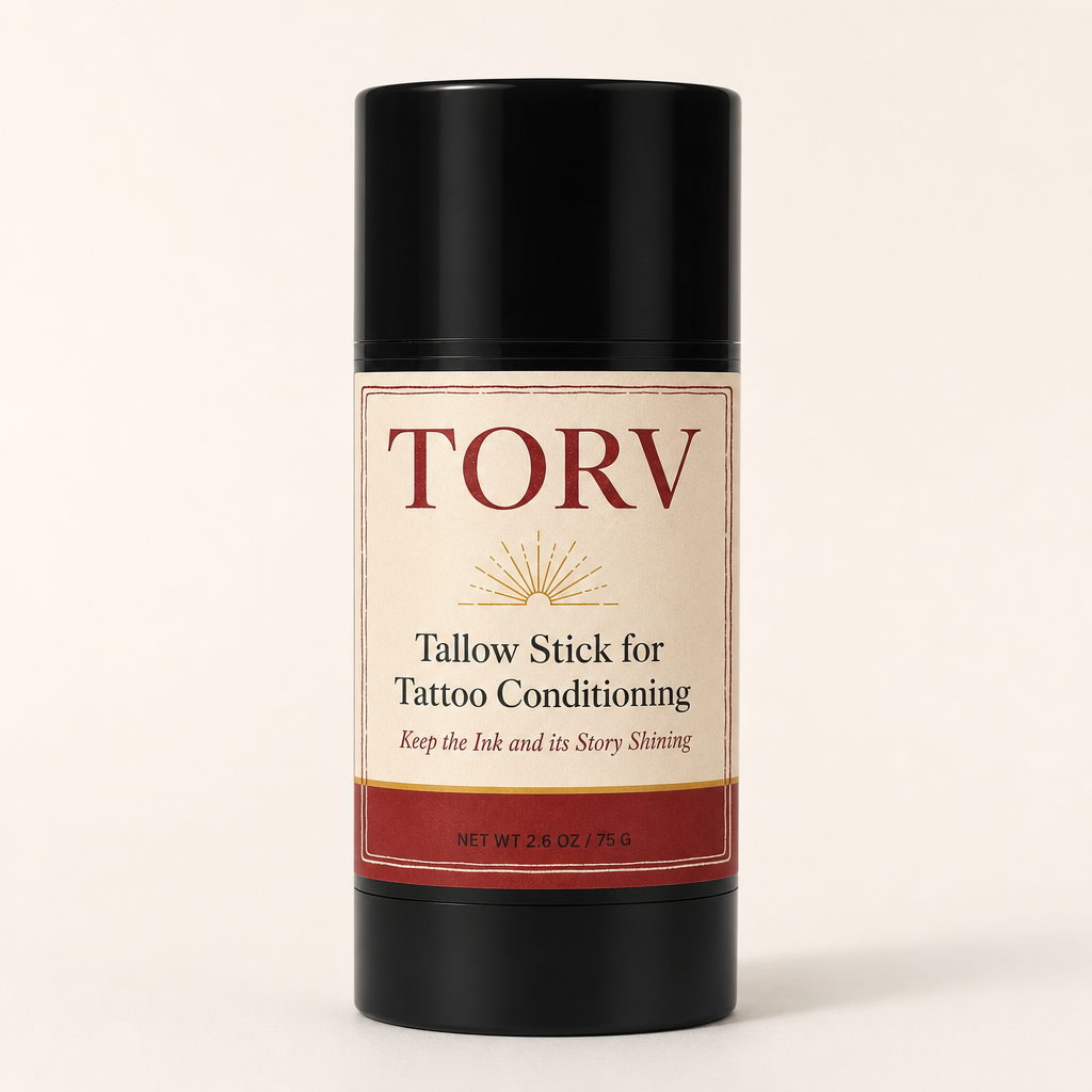 TORV Tallow Stick for Tattoo Conditioning, a black twist-up stick with the cap on