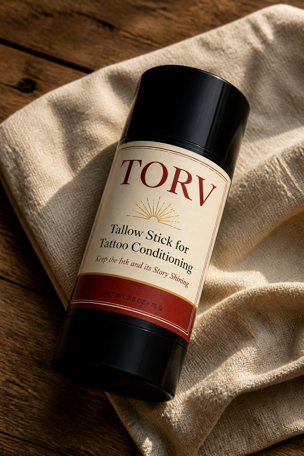 TORV tallow stick standing upright showing the full label