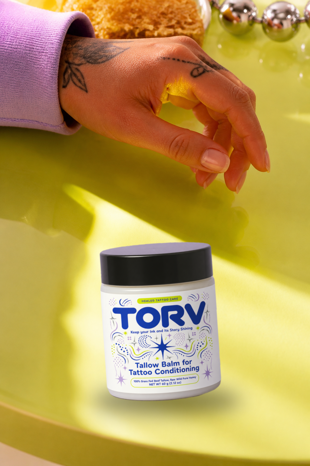 TORV tallow balm applied to healed tattooed skin