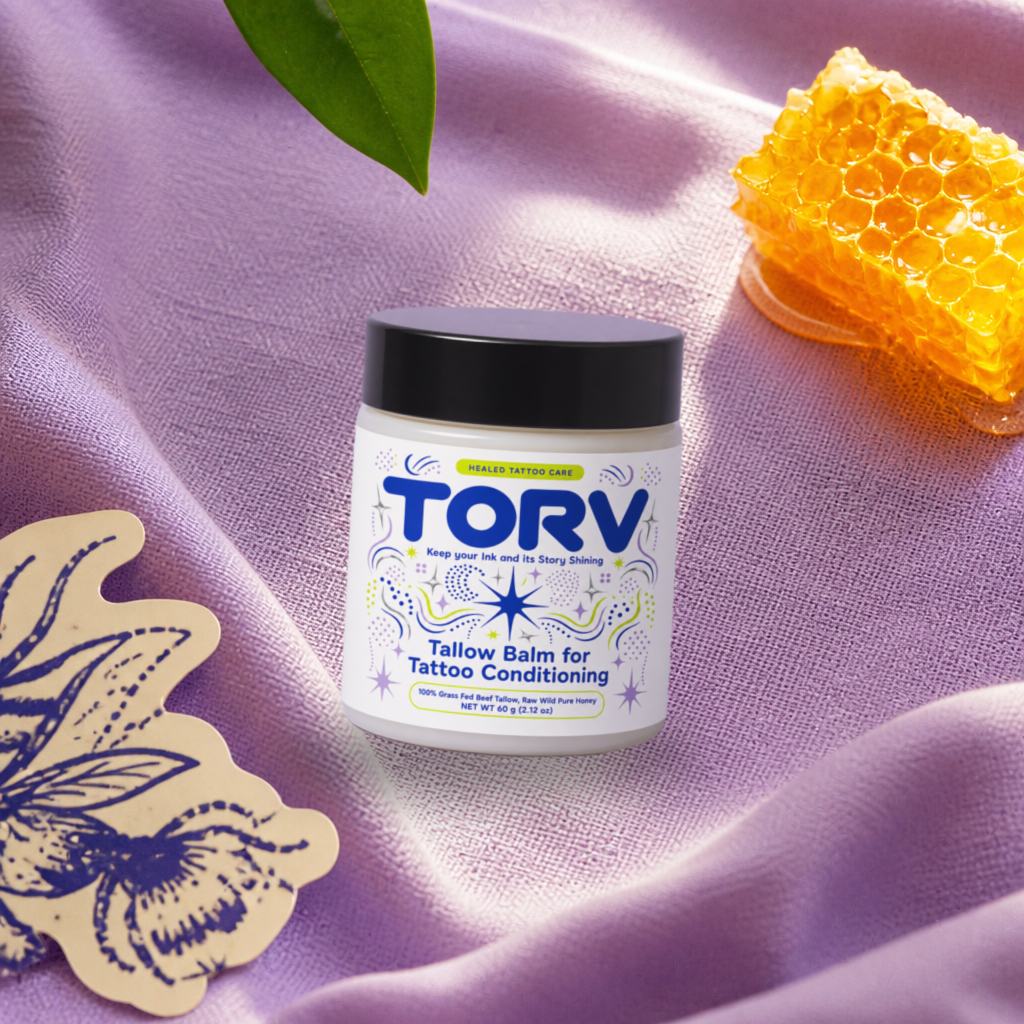 Tin of TORV tallow balm, styled photograph