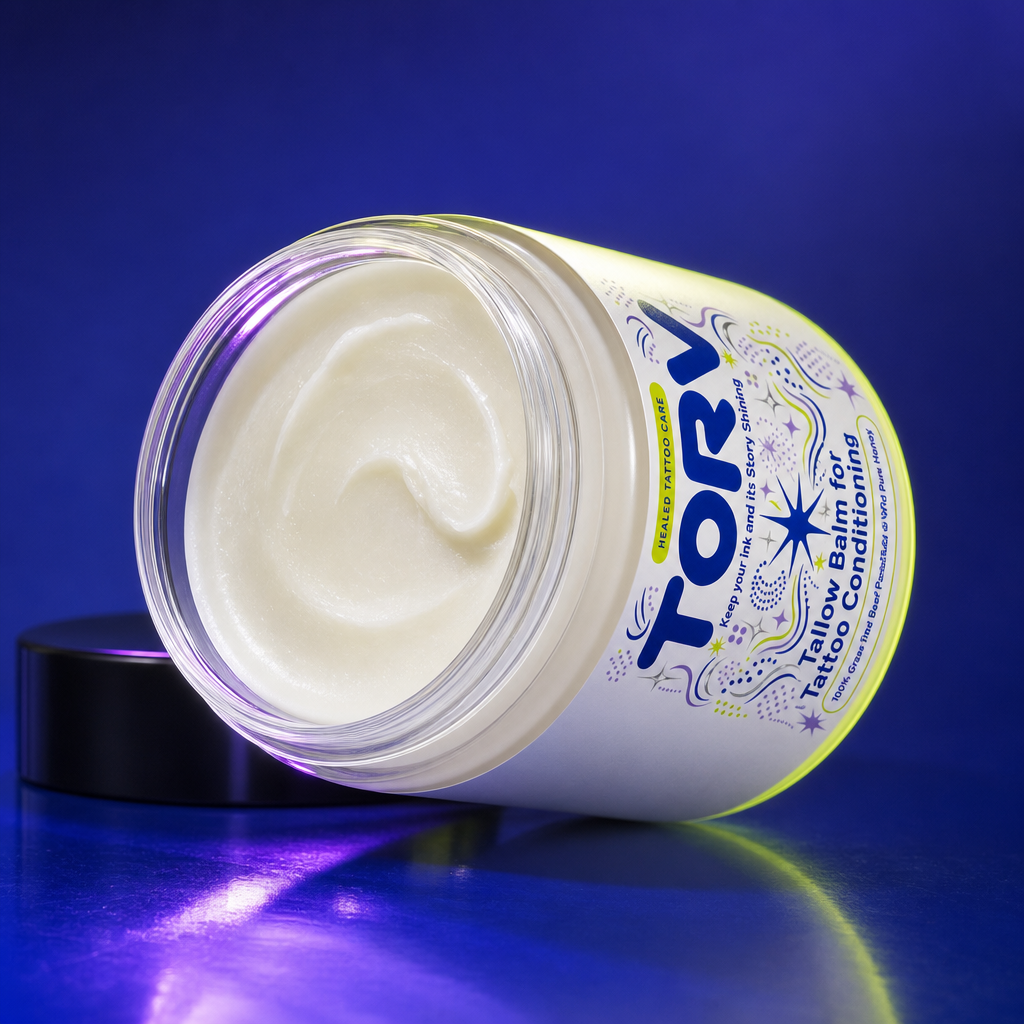 TORV tallow balm tin, angled view