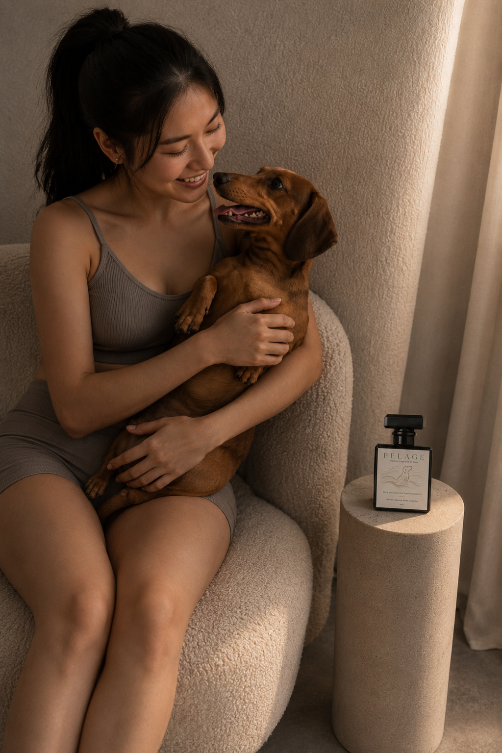 Pelage campaign portrait of a dog with the fragrance bottle