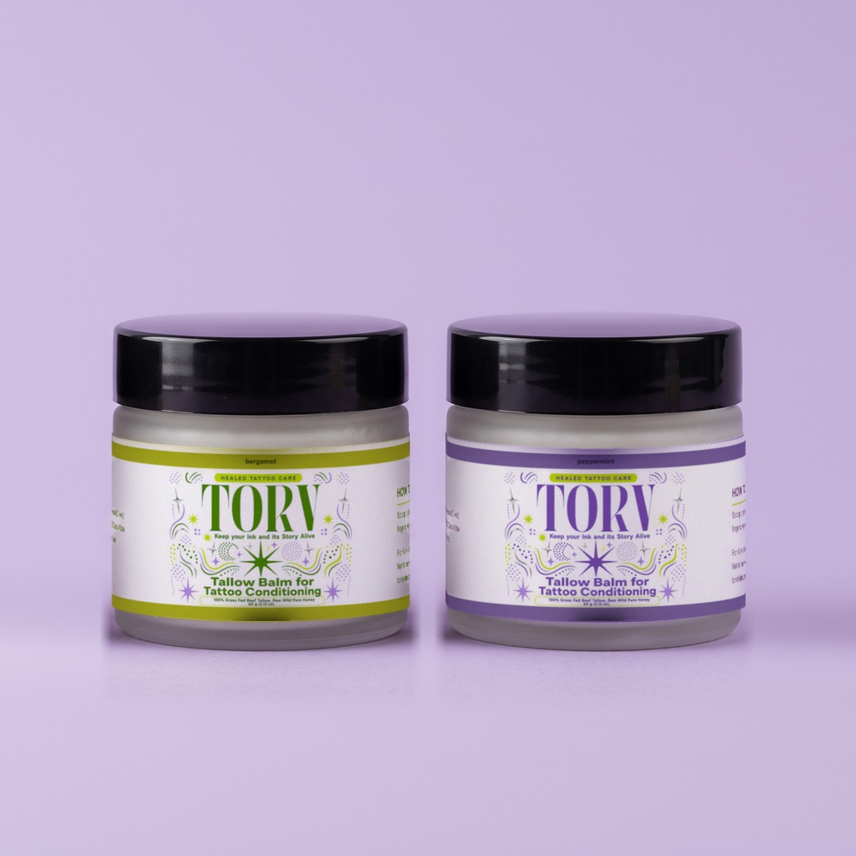 TORV Bergamot + Peppermint two-jar duo on purple background