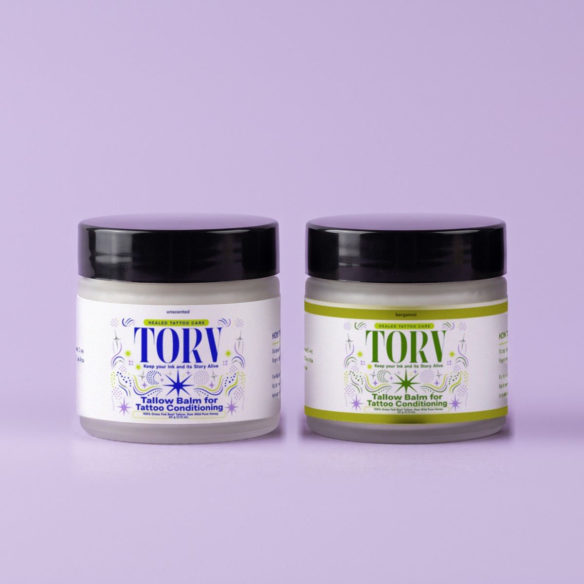 TORV Unscented + Bergamot two-jar duo on purple background