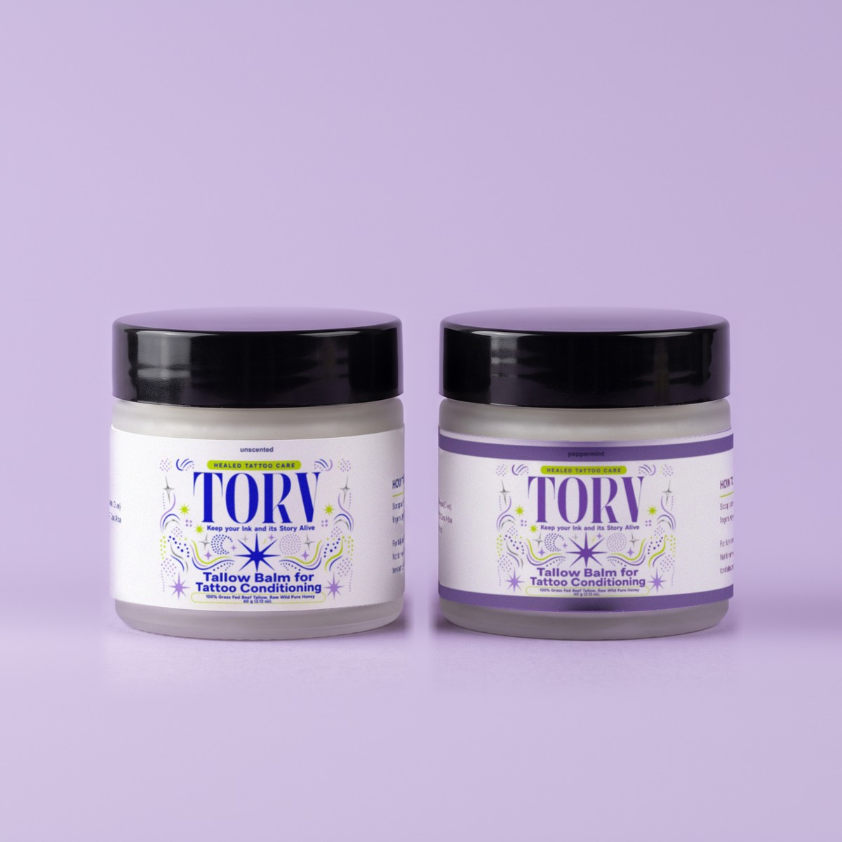 TORV Unscented + Peppermint two-jar duo on purple background