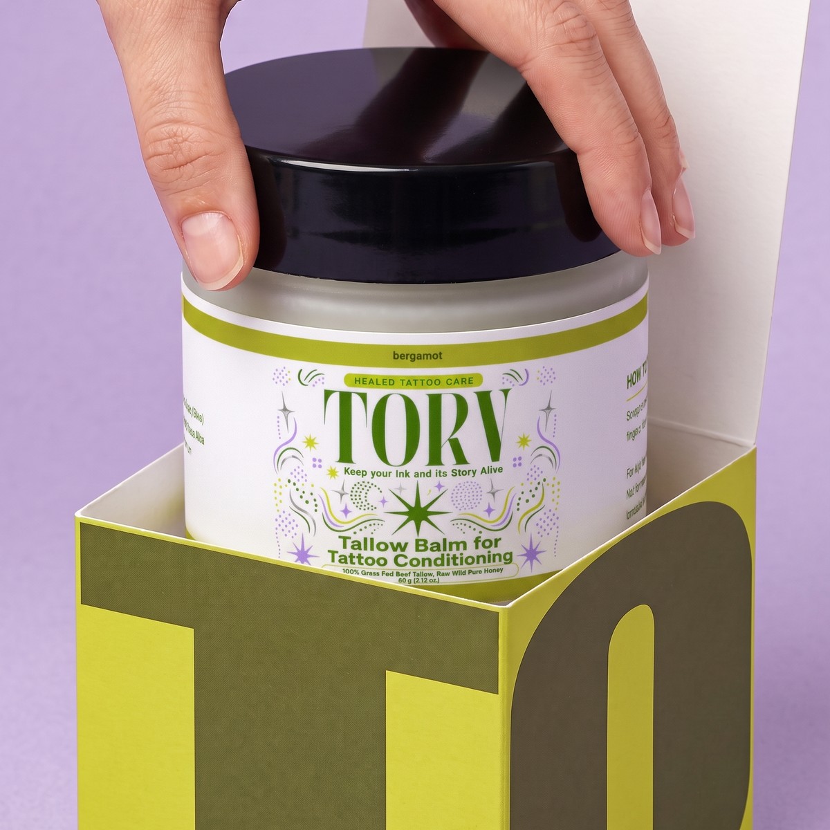 TORV Bergamot jar lifted out of its box