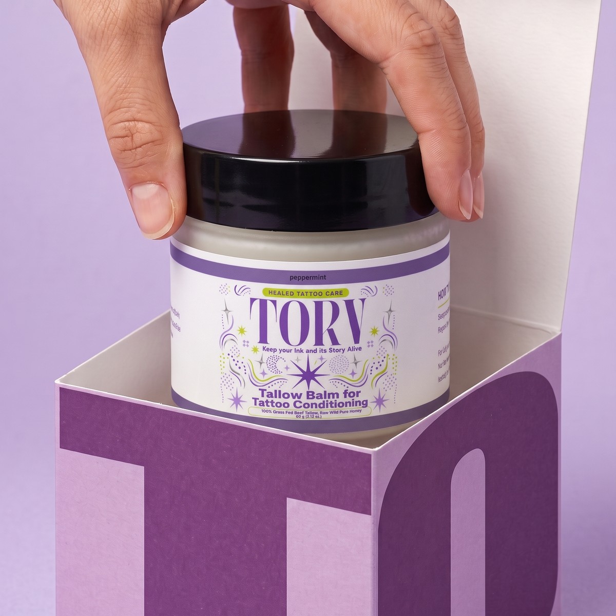 TORV Peppermint jar lifted out of its box