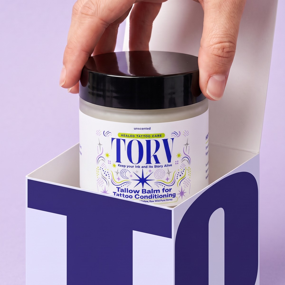 TORV Unscented jar lifted out of its box
