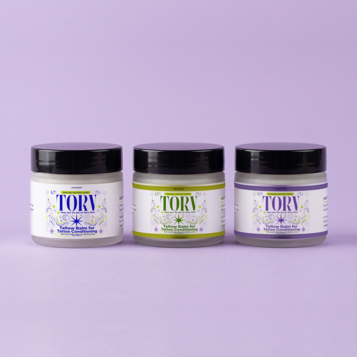 TORV Scent Trio with updated labels: Unscented, Bergamot and Peppermint on purple background